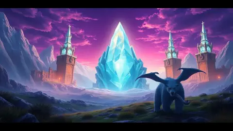 Fantasy valley with a glowing crystal and towers facing a dragon and a frost bear