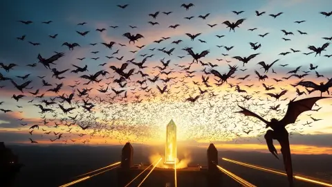A huge cloud of tiny winged monsters streaking toward a glowing crystal as towers fire