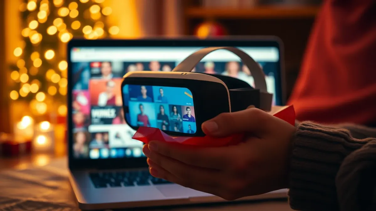 Person holding a freshly unboxed VR headset surrounded by wrapping paper