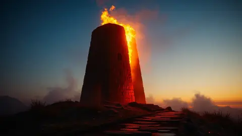 A stone flamethrower tower spraying fire across a narrow path