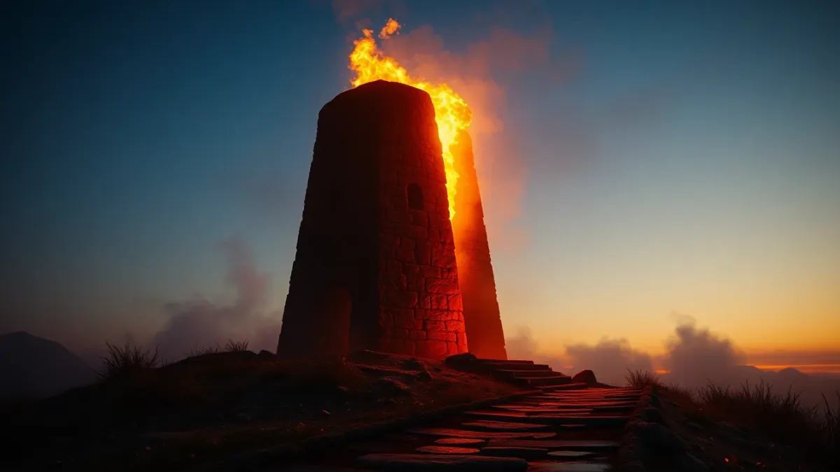 A stone flamethrower tower spraying fire across a narrow path