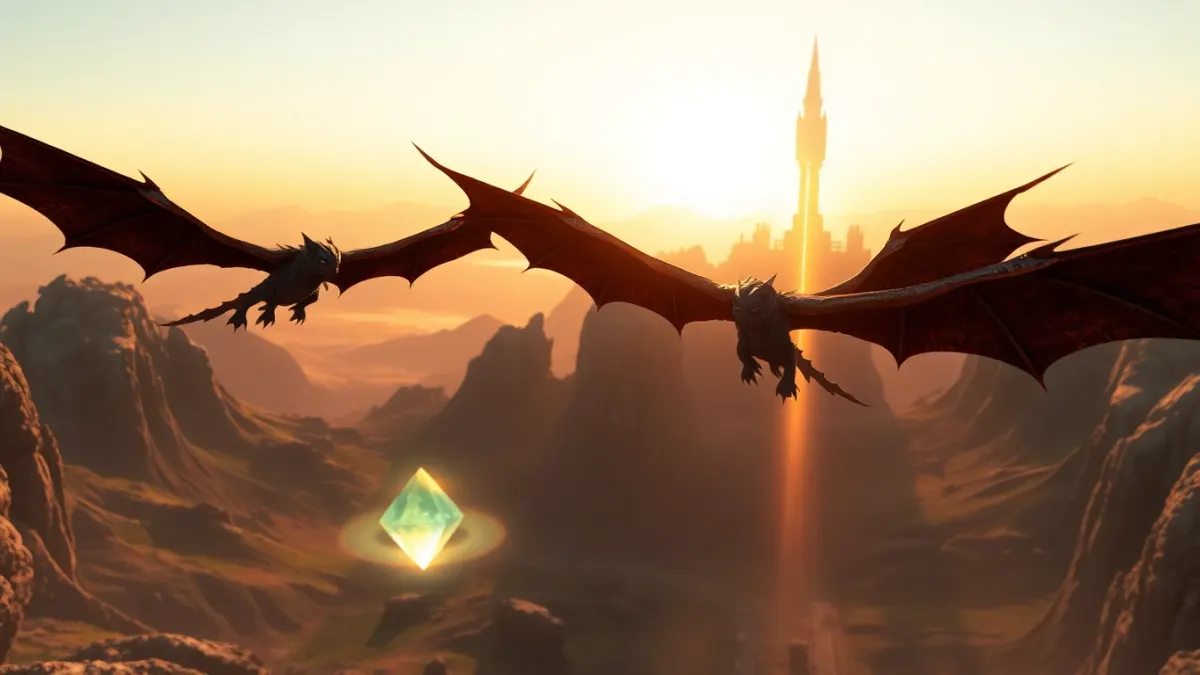 Winged monsters swooping over a valley as a missile arcs up from a tower