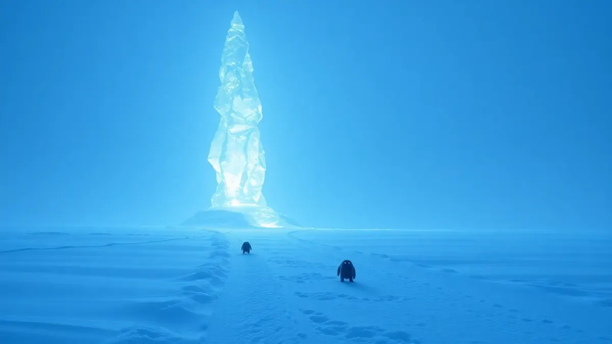 A glowing ice spire tower slowing monsters on a snowy path