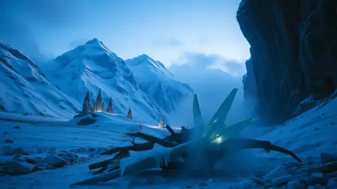 A frozen mountain pass where a fallen creature bursts into ice shards near glowing towers