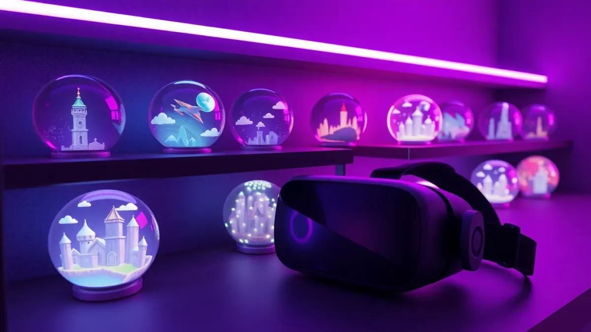 Shelf of glowing orbs each showing a different miniature game world beside a VR headset