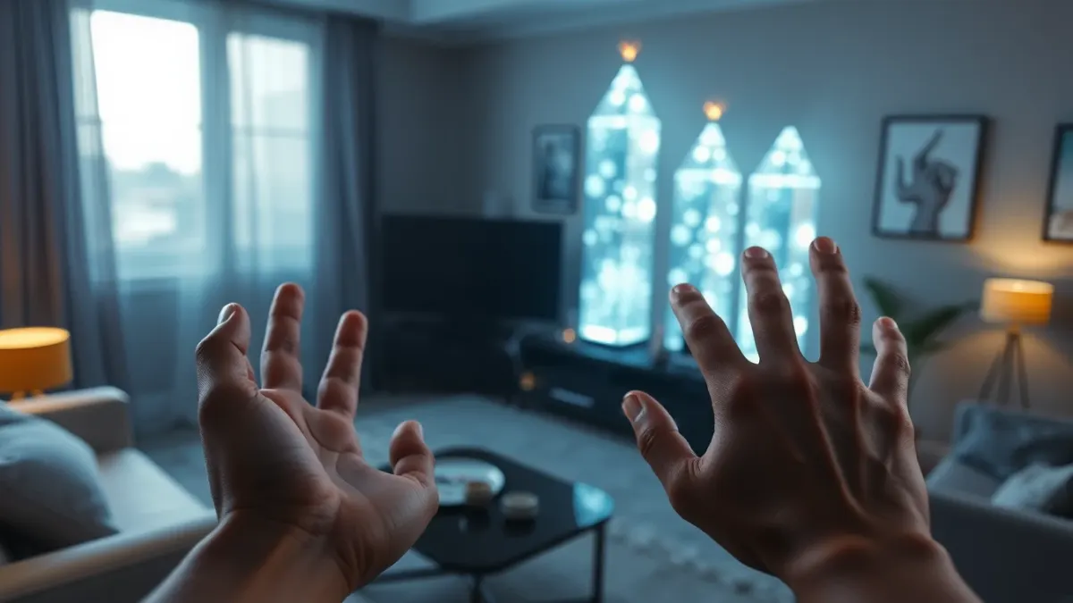 Two bare hands reaching toward glowing holographic towers in a dim room