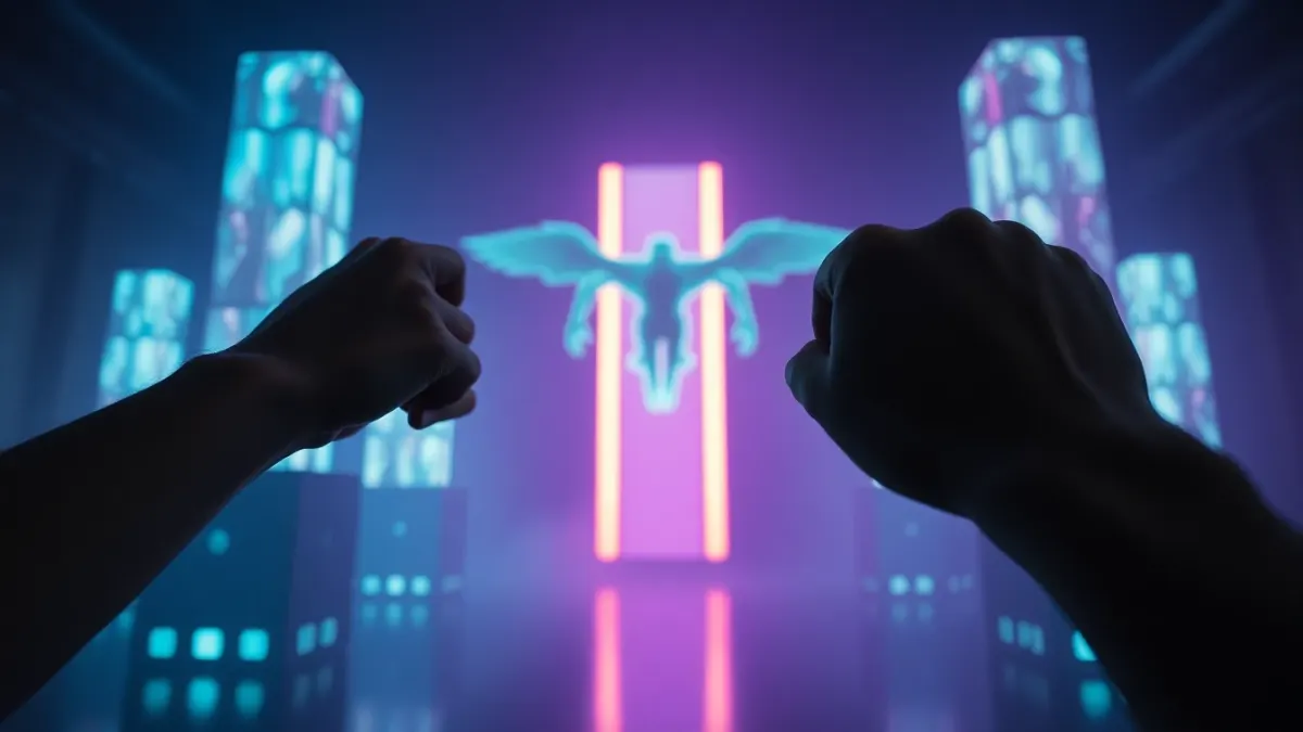 Bare hands pointing at glowing holographic towers in a dark room