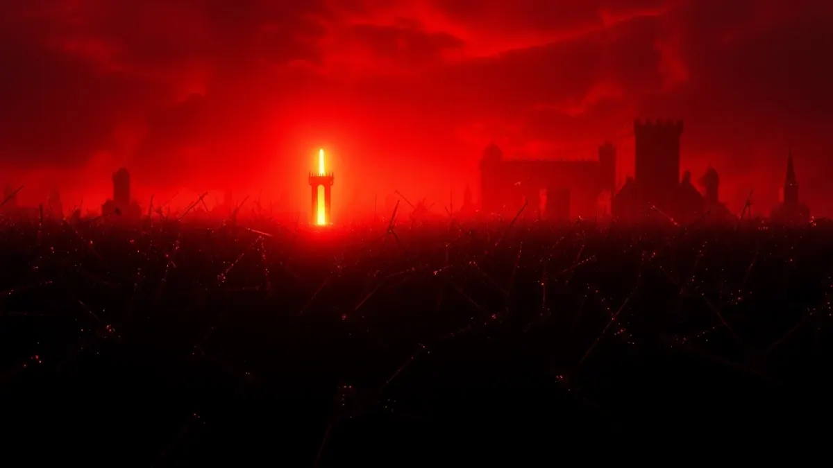 Glowing towers holding a line against an overwhelming dark horde under a red sky