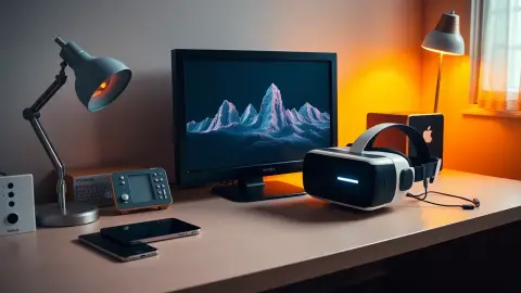 Retro monitor, phone and VR headset on a desk representing the evolution of tower defense