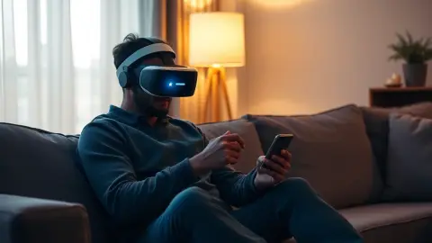Person on a sofa typing an email on a phone with a VR headset on their lap