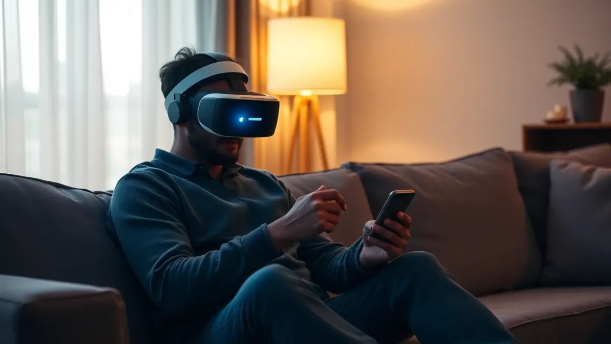 Person on a sofa typing an email on a phone with a VR headset on their lap