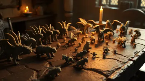 Carved fantasy monster figurines arranged in groups on a stone table