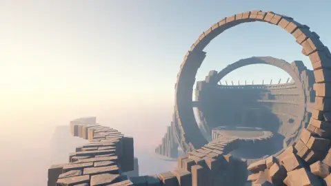 A road of stepping stones through fantasy biomes beside a spiralling endless arena