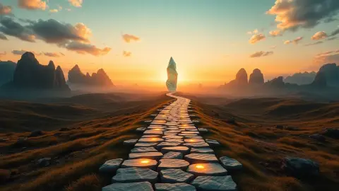 Long glowing path crossing eight different fantasy landscapes toward a distant crystal