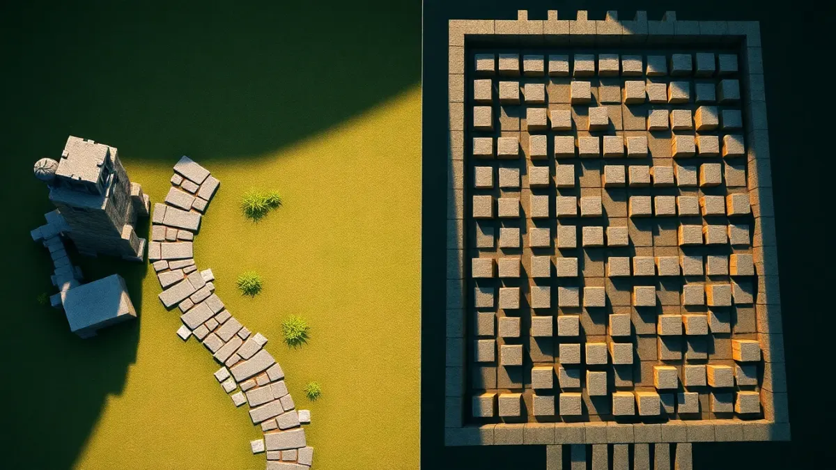 Top-down view of a fixed winding path on the left and a block maze on the right