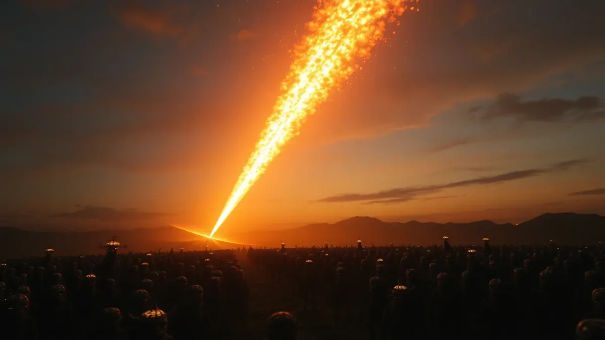 A blazing meteor falling toward a crowd of monsters on a fantasy path