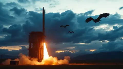 A missile battery launching rockets toward winged monsters in a stormy sky