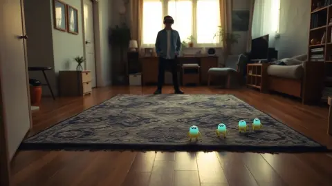 Person in a compact studio apartment playing a mixed reality game on a cleared rug