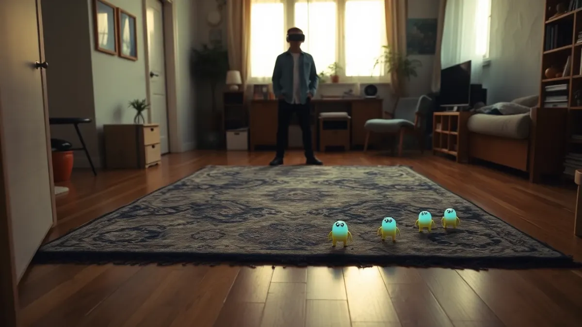 Person in a compact studio apartment playing a mixed reality game on a cleared rug