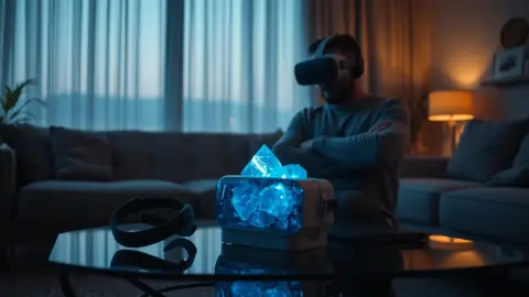 Skeptical person with crossed arms looking at a VR headset on a coffee table