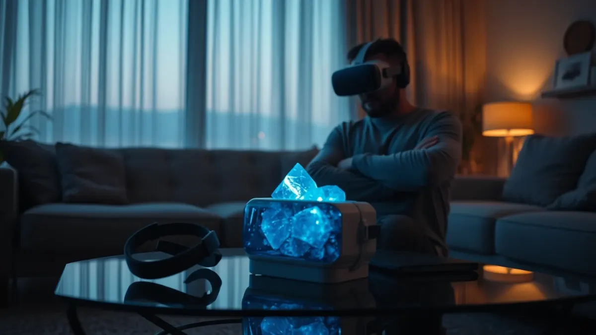 Skeptical person with crossed arms looking at a VR headset on a coffee table