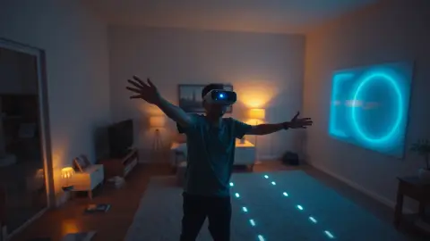 A person wearing a headset in a tidy living room with a glowing portal on the wall and a luminous path across the floor