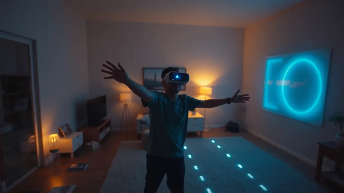 A person wearing a headset in a tidy living room with a glowing portal on the wall and a luminous path across the floor