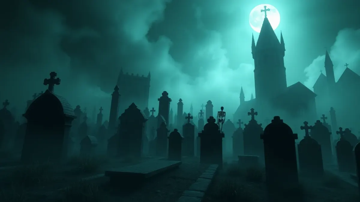 A misty graveyard city where skeleton silhouettes rise near stone towers