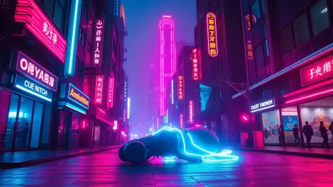 A neon cyberpunk street where an electric pulse spreads from a fallen robot creature and dims nearby towers