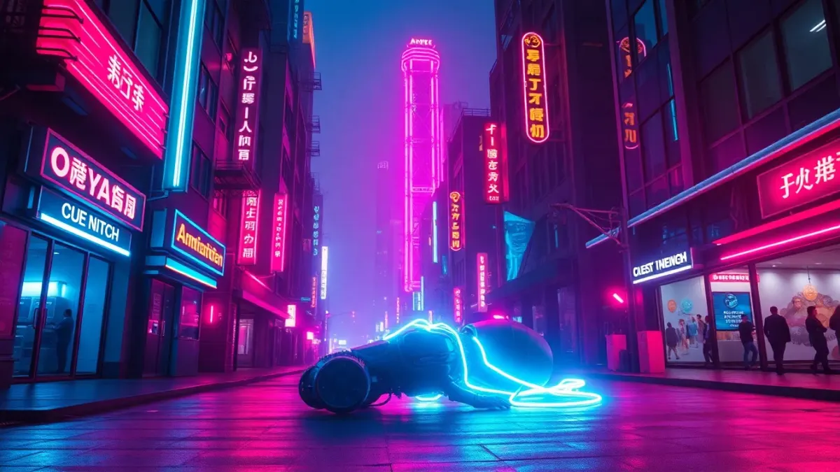 A neon cyberpunk street where an electric pulse spreads from a fallen robot creature and dims nearby towers