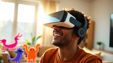 Smiling person in a VR headset in a sunny living room with friendly fantasy shapes at the edge