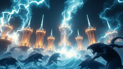 A ring of fantasy towers surging with bright energy as they fire at a wave of monsters