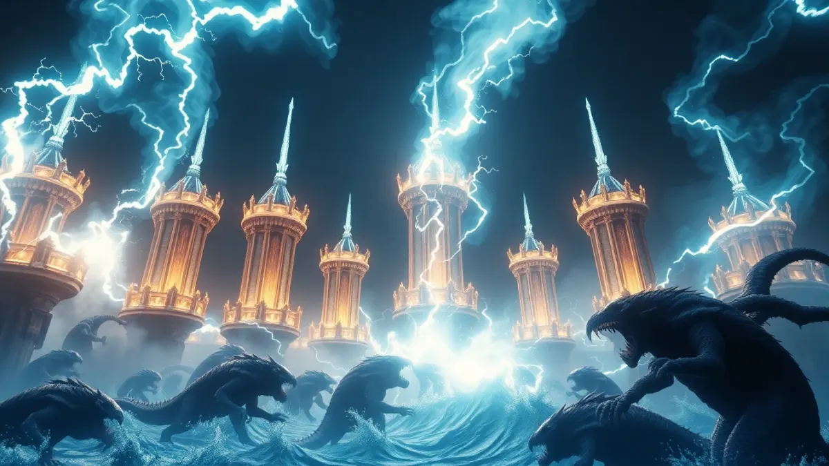 A ring of fantasy towers surging with bright energy as they fire at a wave of monsters
