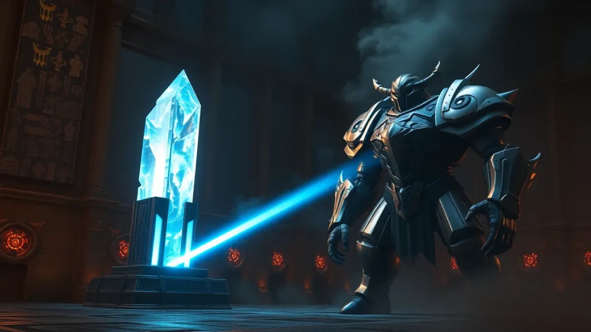 A prism tower firing a cyan laser beam at an armored golem