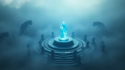 A glowing crystal on a pedestal surrounded by concentric rings of towers as monsters approach