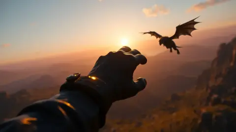 A glowing fist swinging toward a small winged monster in the air above a fantasy valley
