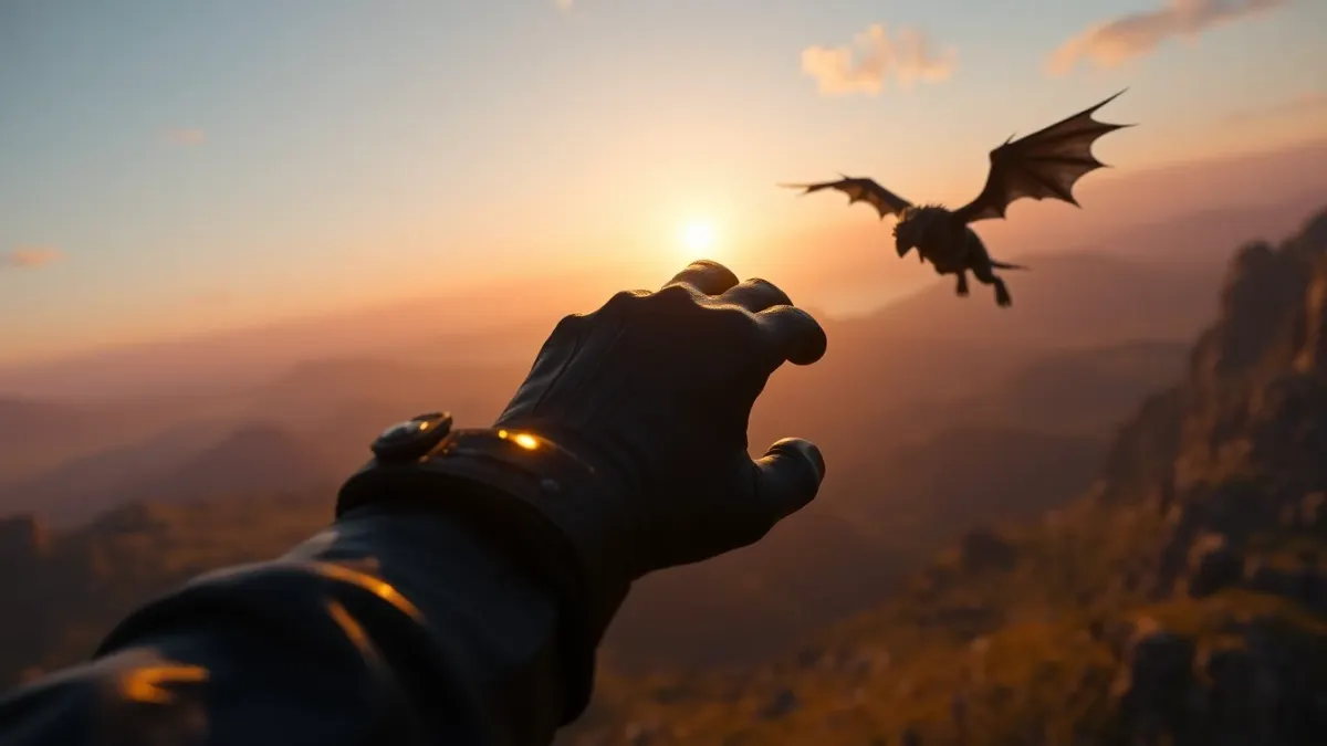 A glowing fist swinging toward a small winged monster in the air above a fantasy valley