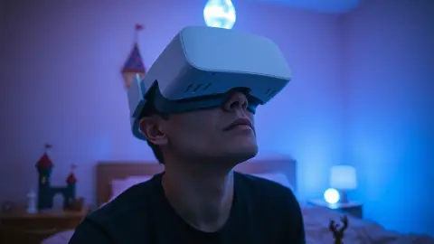Person wearing an older VR headset surrounded by glowing fantasy towers in a bedroom