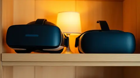 Two VR headsets side by side on a shelf in a cosy room