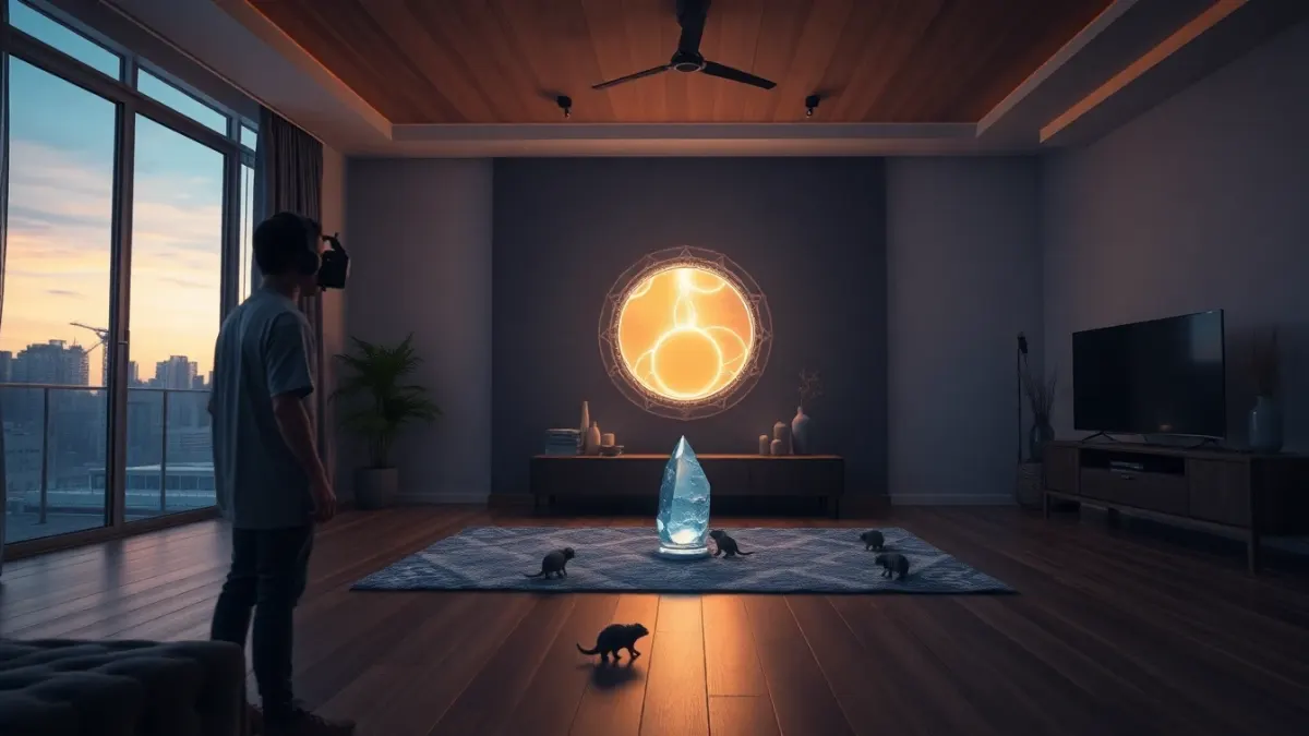 Living room with a glowing portal on the wall and small monsters crossing the floor toward a crystal