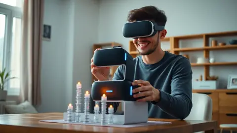 New headset owner in a bright apartment with tiny glowing towers floating over a table