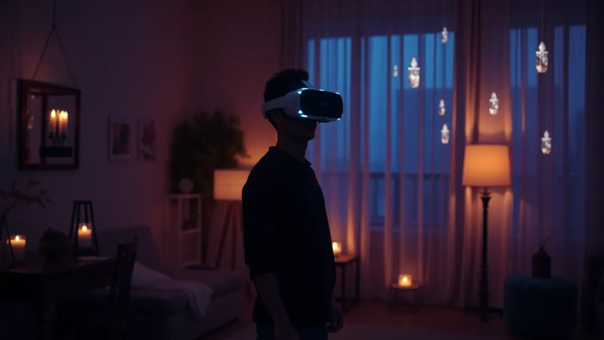 Person calmly playing a VR game in a softly lit room in the evening