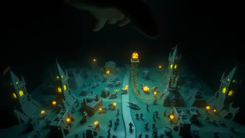 Commander-style hand hovering above a glowing miniature battlefield with towers and monsters