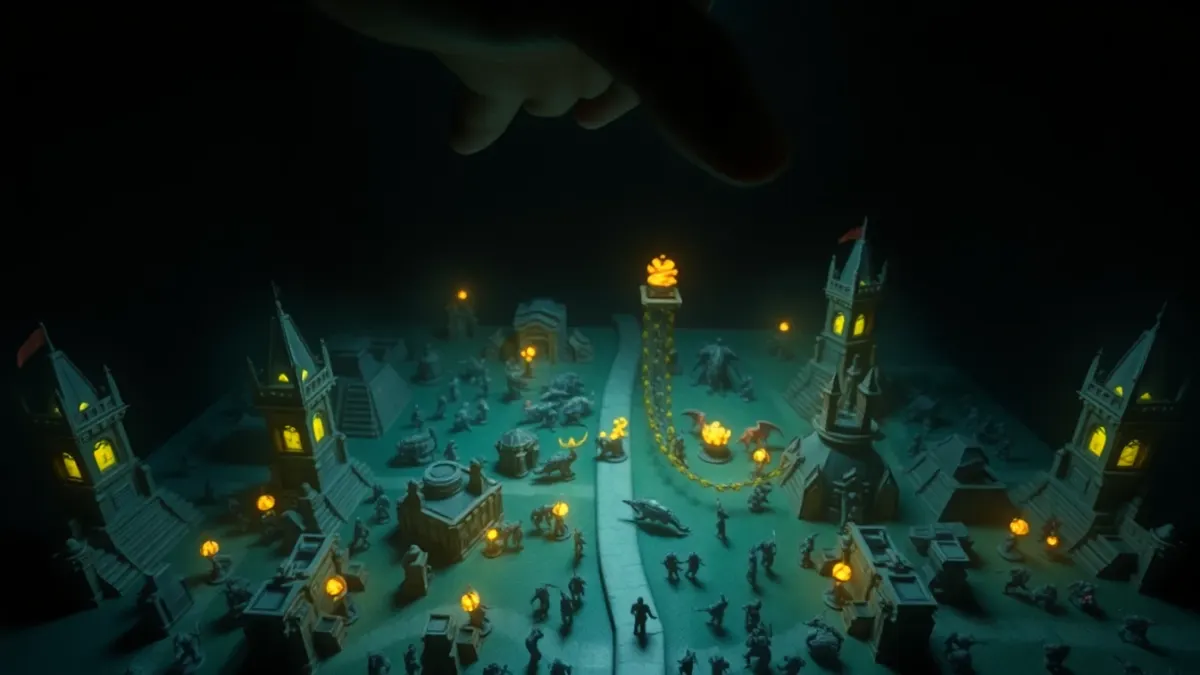 Commander-style hand hovering above a glowing miniature battlefield with towers and monsters