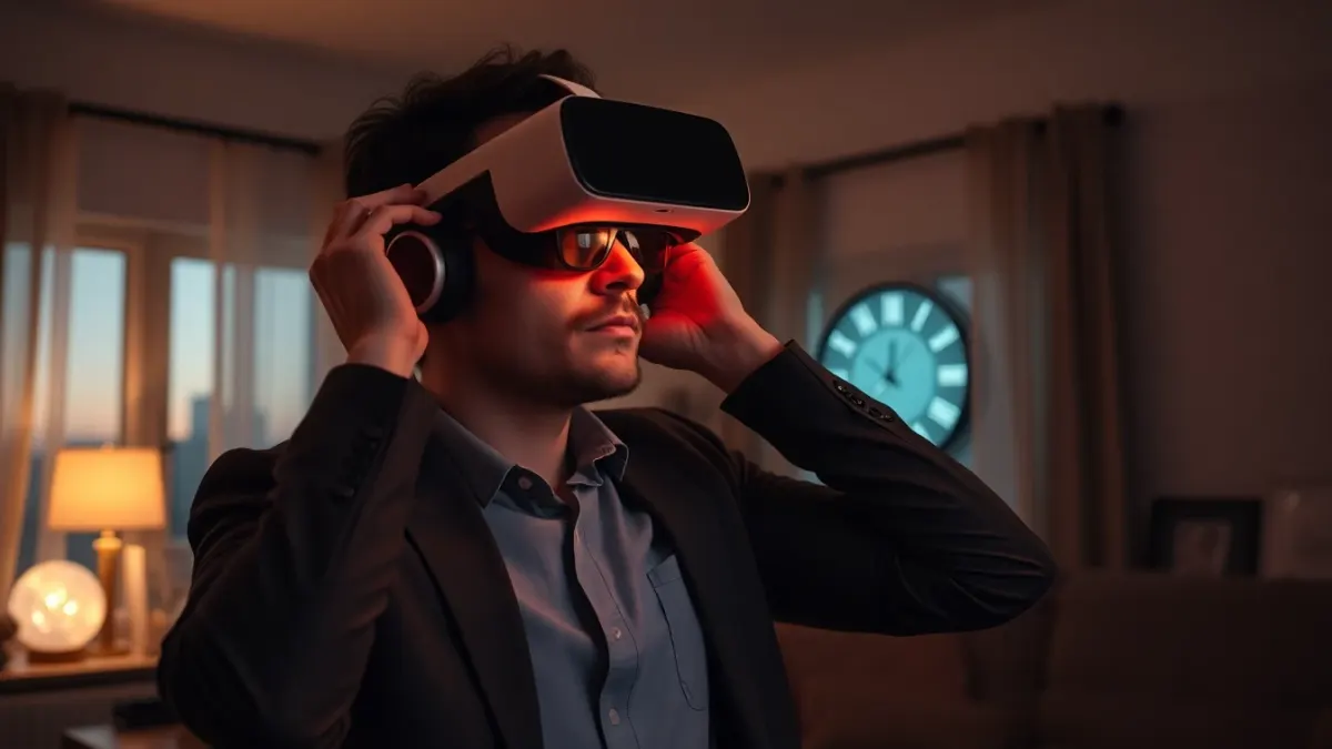 Office worker putting on a VR headset in a tidy living room in the evening