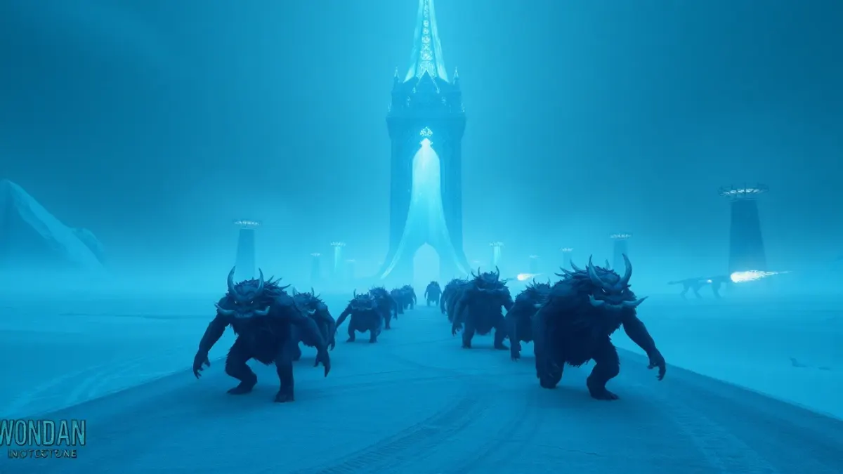 Frost tower slowing a line of monsters while other towers fire on them