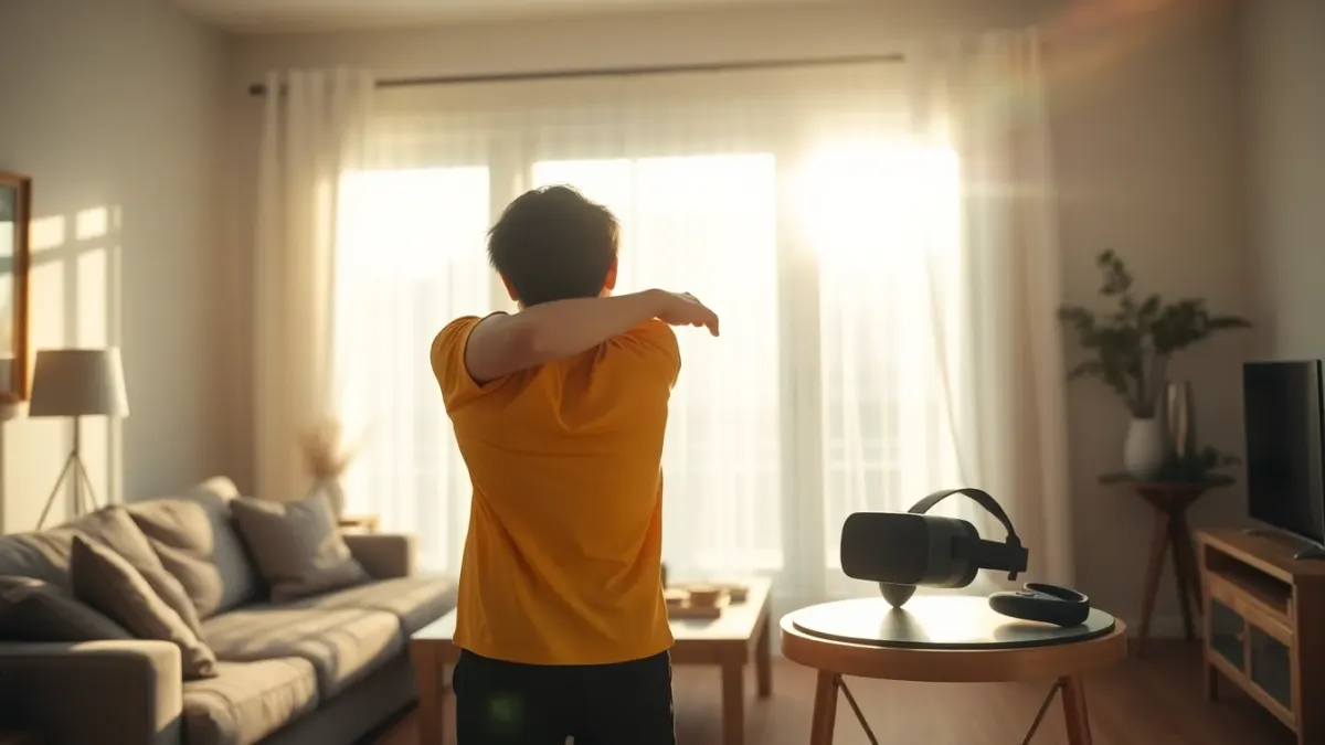 Person stretching an arm across their chest beside a VR headset
