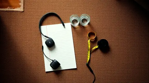 Headset, tape measure and glass of water arranged on a rug