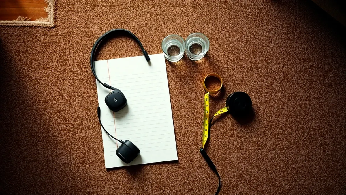 Headset, tape measure and glass of water arranged on a rug