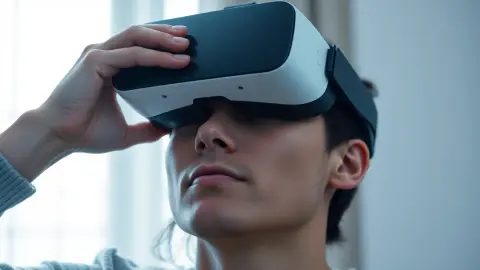 Person lifting a VR headset to rest their eyes